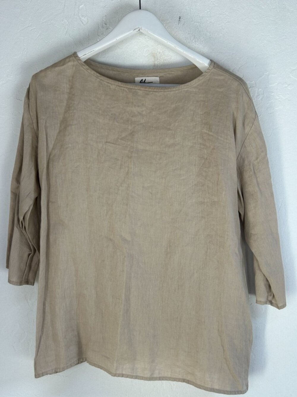 Andrea Jovine Womens Beige 100% Linen 3/4 Sleeve Boat Neck Blouse Top Size Large